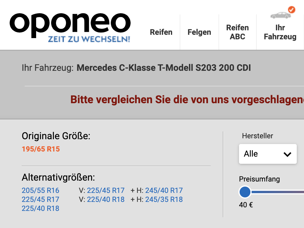 Bei Oponeo angezeigte zugelassende Reifendimensionen für einen Mercedes Benz C-Klasse C200 CDI (S203)